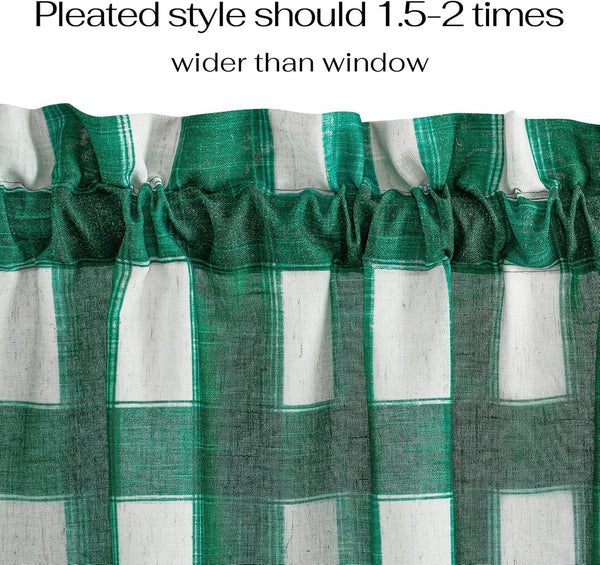Green and white buffalo check pleated curtain with a gathered rod pocket top, showing a visible linen-like texture.