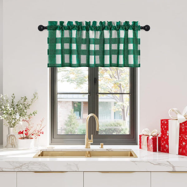 Green and white buffalo check ruffled valance on a kitchen window rod with classic plaid pattern.