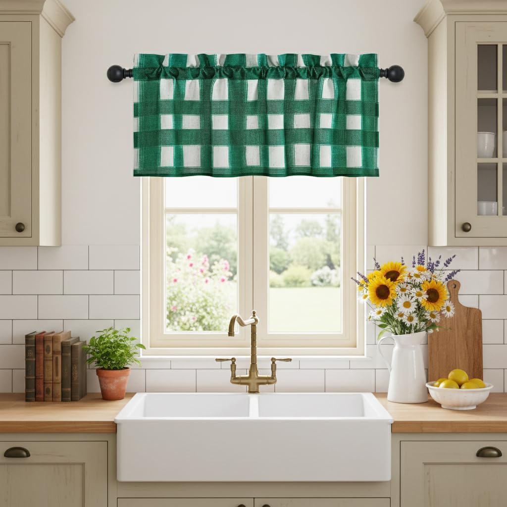 Green and white gingham rod pocket valance with gathered top hanging in a farmhouse kitchen.