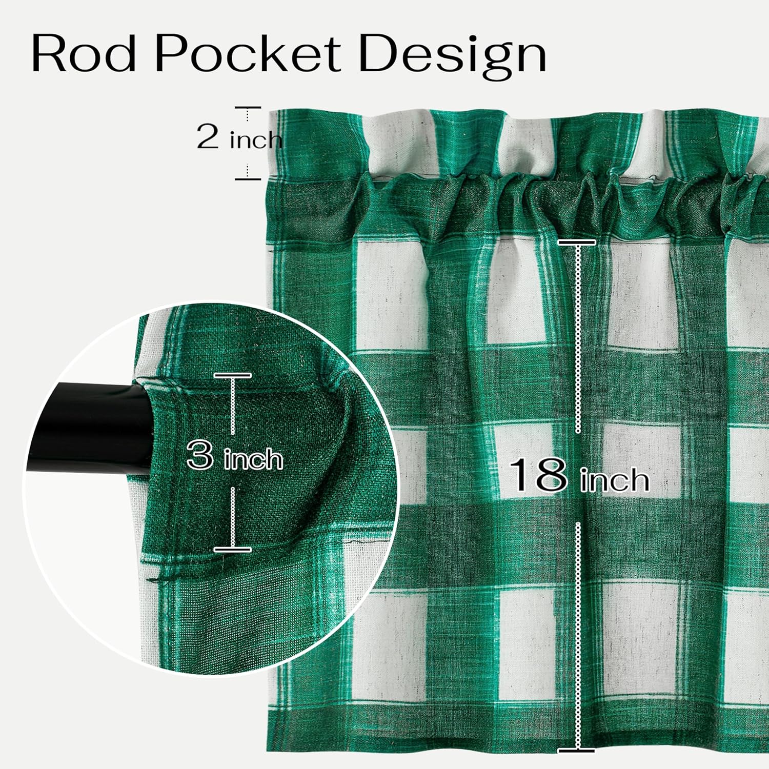 Green and white gingham patterned rod pocket valance, showing 3-inch rod pocket and 18-inch length.