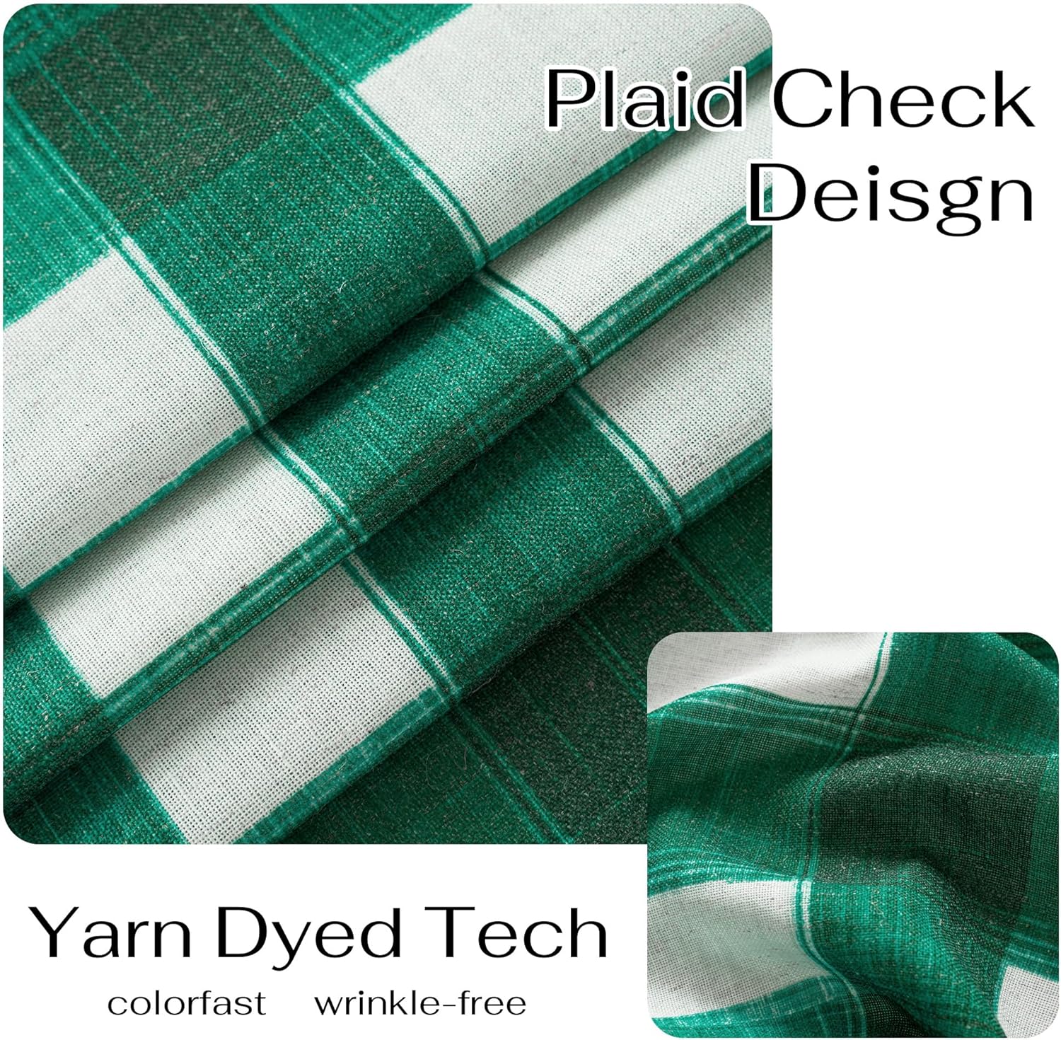 Green and white plaid check fabric, close-up showing woven texture. It's yarn-dyed, colorfast, and wrinkle-free.