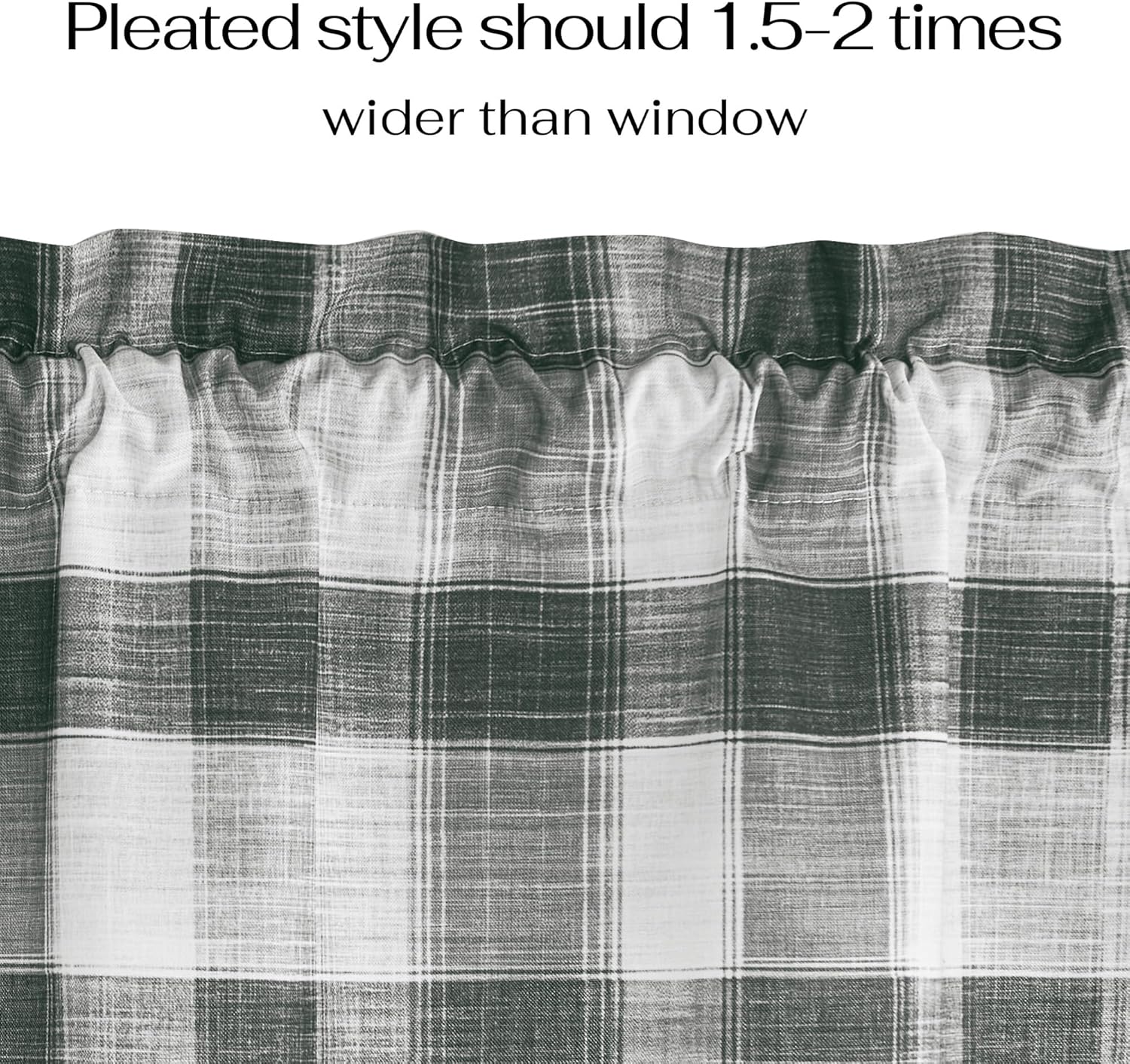 Close-up of a dark green and white plaid gathered window valance. Textured fabric with rod pocket top.