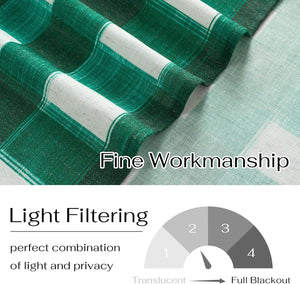 Close-up of green and white plaid light filtering fabric, highlighting its texture and fine workmanship, suitable for curtains.
