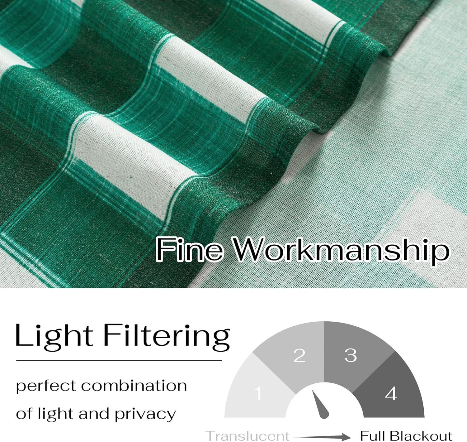 Close-up of textured green and white plaid fabric. Illustrates light filtering for good privacy.