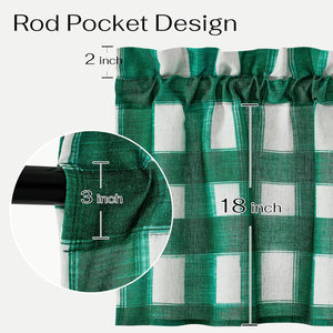 Green and white plaid rod pocket valance detailing 3-inch pocket, 2-inch top ruffle, and 18-inch overall length.