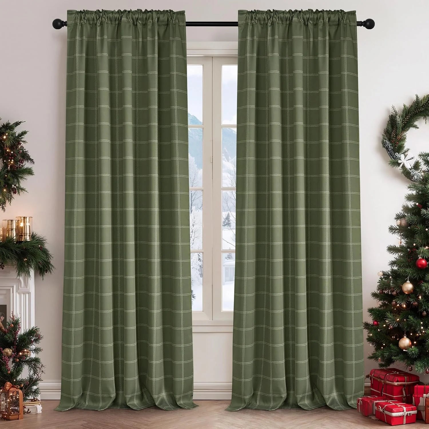 Olive green windowpane curtains on a black rod in a festive living room window