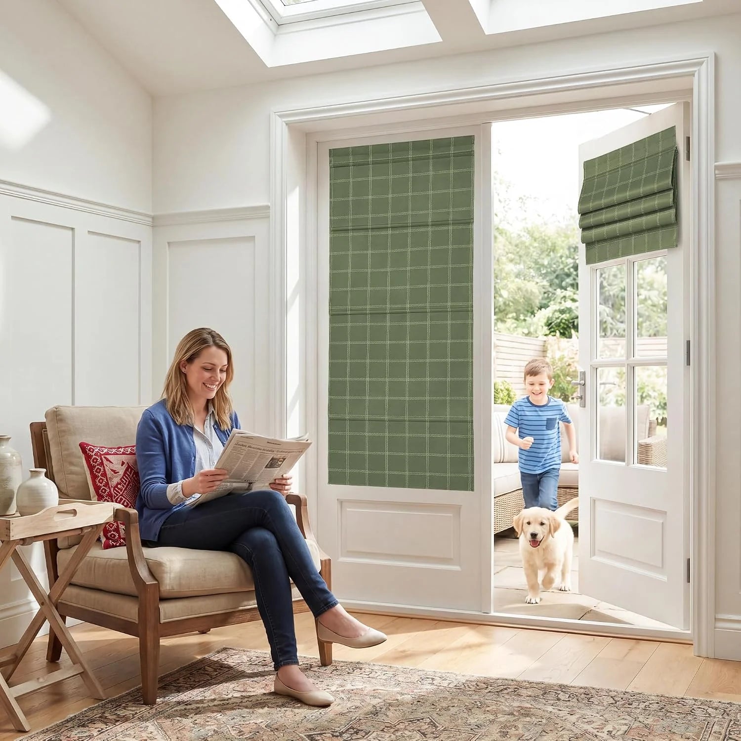 Green windowpane Roman blinds on French doors in a bright modern living room