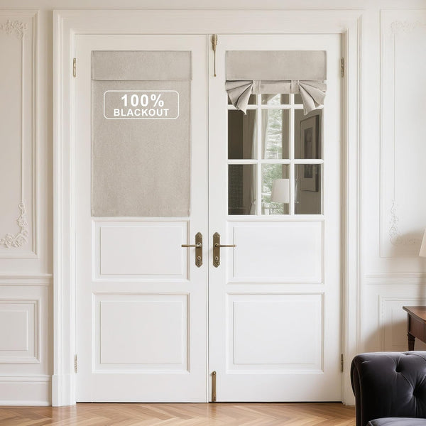 Greige 100% blackout tie up shades on white French doors, one fully down, one tied up.