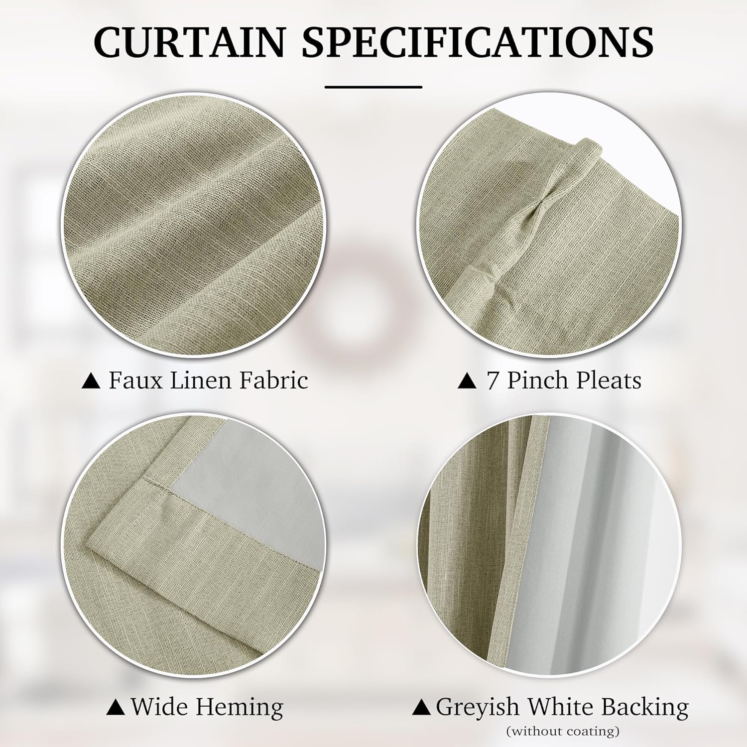 Greige faux linen curtain textured fabric, 7 pinch pleats, wide hemming, greyish white backing.