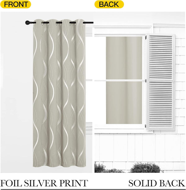Greige blackout curtain with silver foil wavy print and grommet top. Shows solid back.