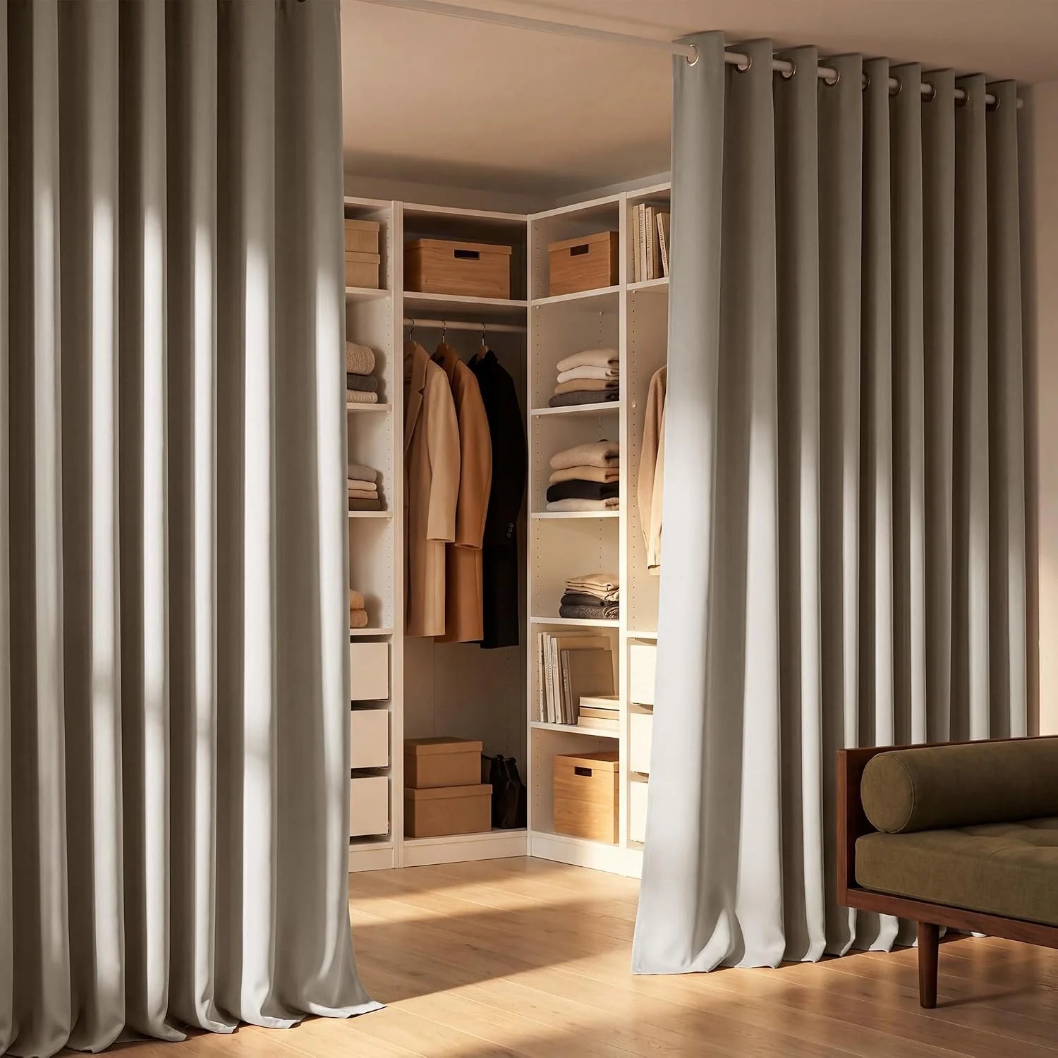 Light greige grommet curtains as closet dividers revealing organized storage.