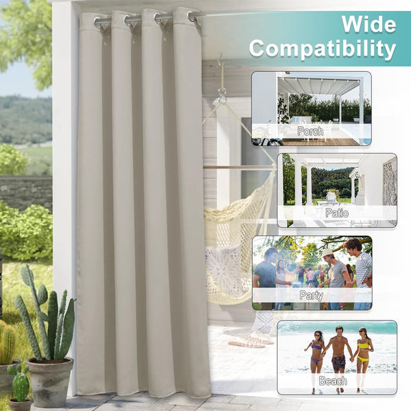 Greige grommet top outdoor curtain hangs on a porch, with potted cacti and a hanging hammock visible.