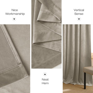 Greige plush velvet curtain panel, showcasing soft texture, elegant vertical drape, and neat hem.