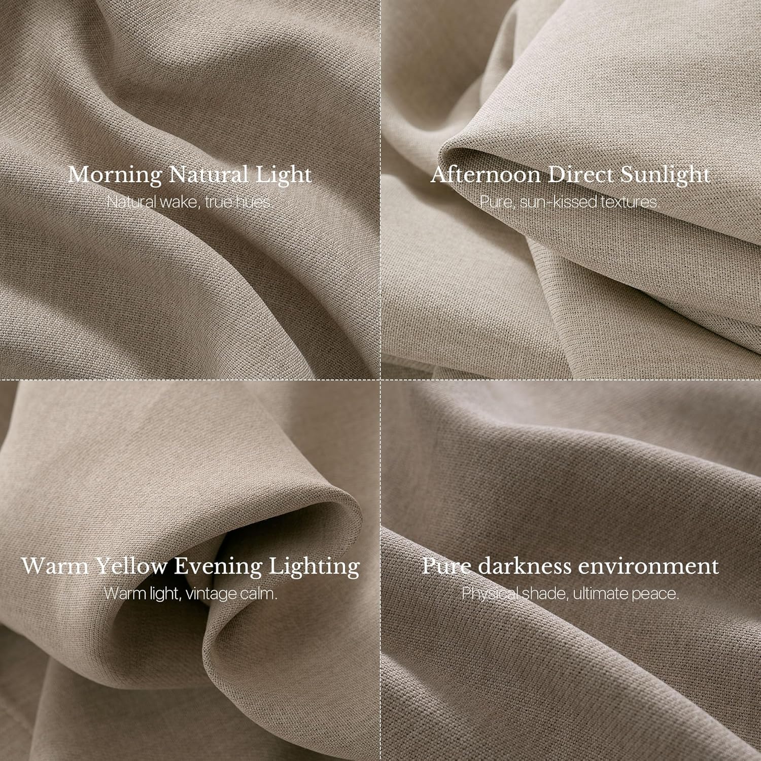 Close-up of textured greige blackout fabric demonstrating its light-blocking performance.