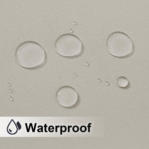 Close-up of greige woven fabric showing water droplets beading, demonstrating its waterproof surface.