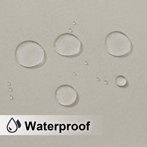 Close-up of greige woven fabric showing water droplets beading, demonstrating its waterproof surface.