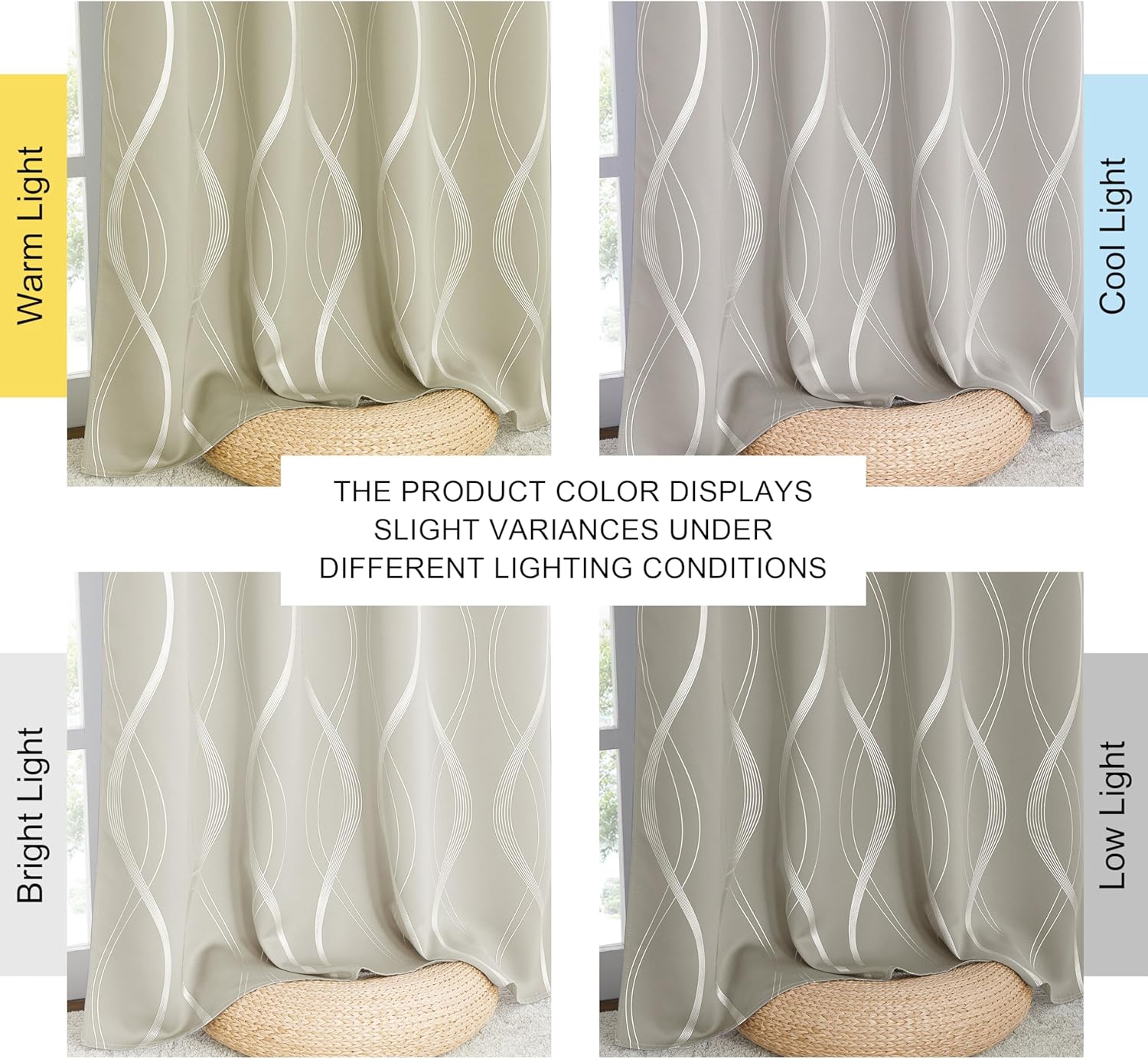 Greige curtain panel with white wavy pattern, showcasing color under different lighting.