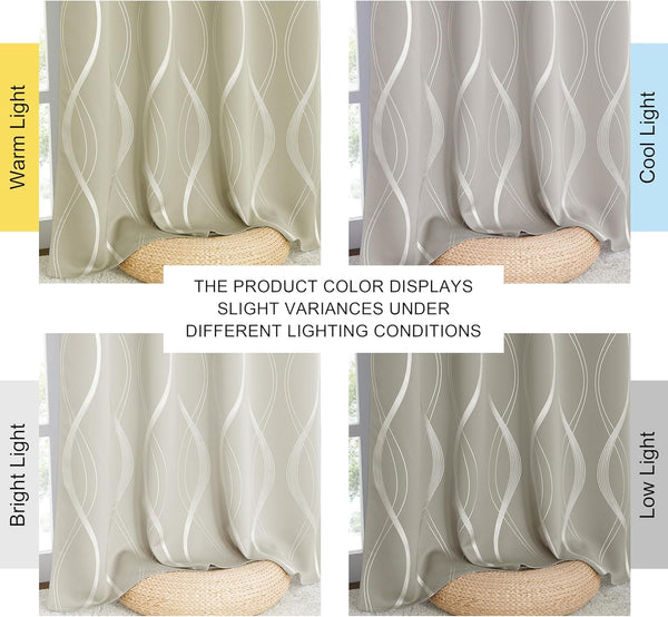 Greige curtain panel with white wavy pattern, showcasing color under different lighting.