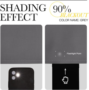 Grey fabric shows 90% blackout. A flashlight illuminates, demonstrating strong light blocking.