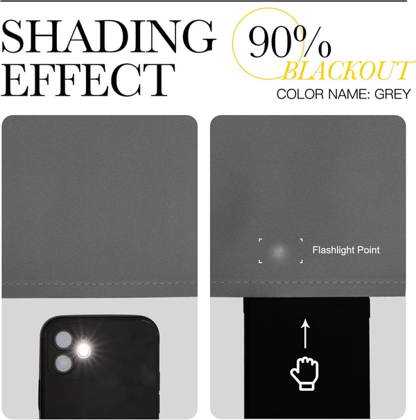 Grey fabric shows 90% blackout. A flashlight illuminates, demonstrating strong light blocking.