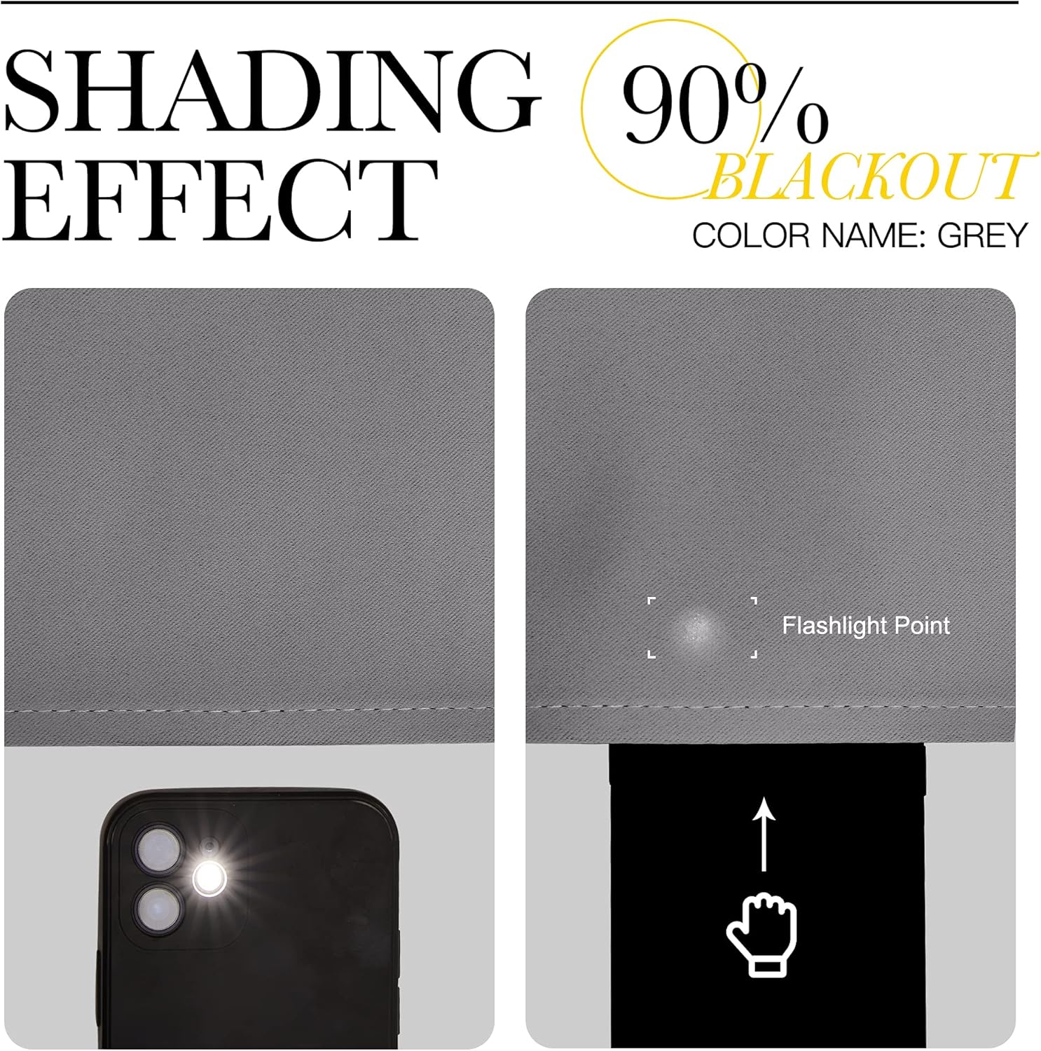 Grey textured fabric demonstrating 90% blackout. Flashlight test shows minimal light penetration.
