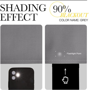 Grey textured fabric demonstrating 90% blackout. Flashlight test shows minimal light penetration.