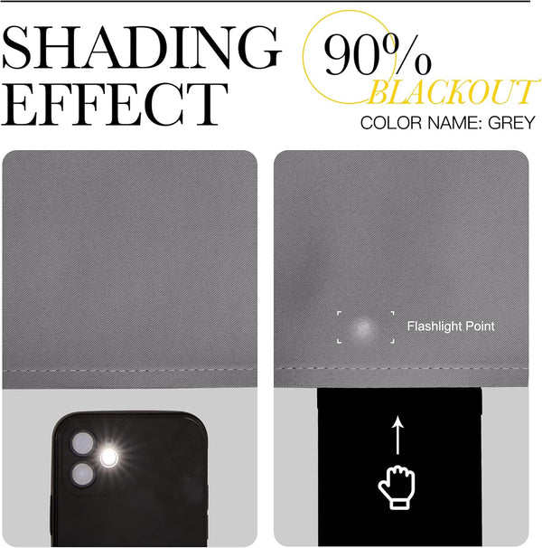 Grey textured fabric demonstrating 90% blackout. Flashlight test shows minimal light penetration.