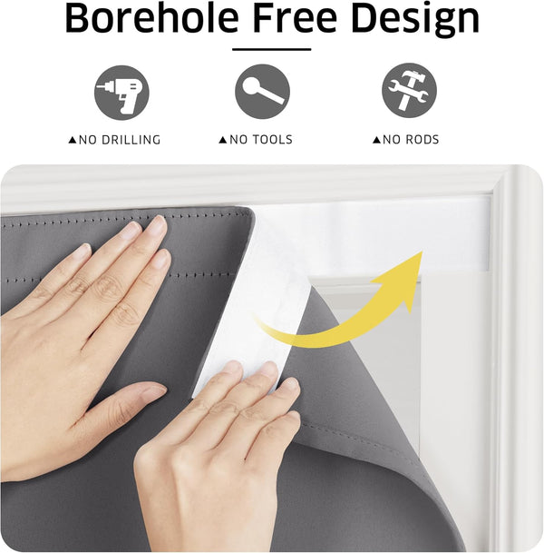 Hands adhere dark grey blackout window curtain using white no-drill adhesive strip to a white window frame.