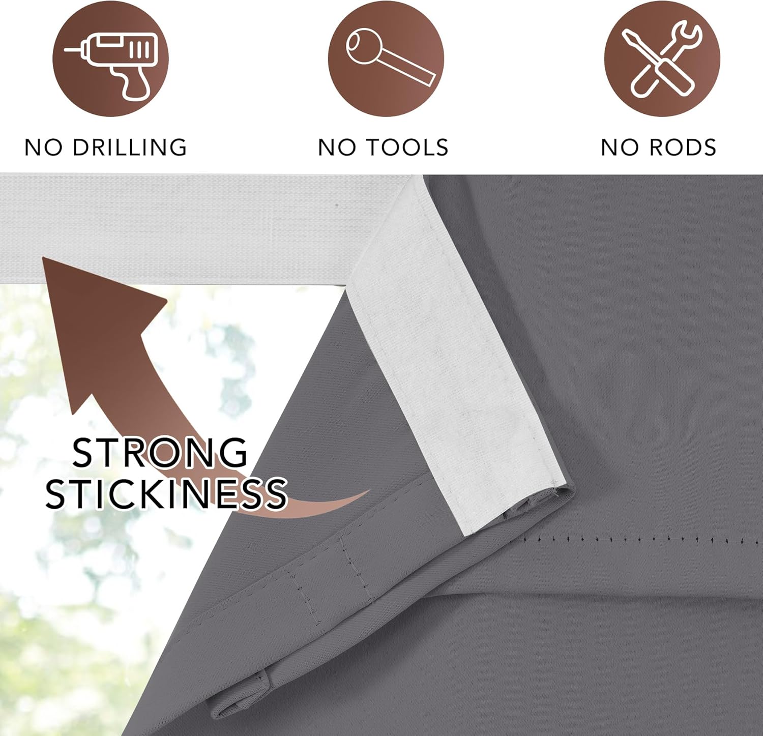 Grey self-adhesive curtain top with strong white sticky strip for no-drill, no-tool install.