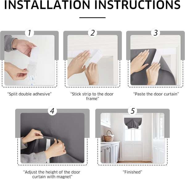 Grey adhesive magnetic door curtain installed on a white interior door, showing its gathered look.