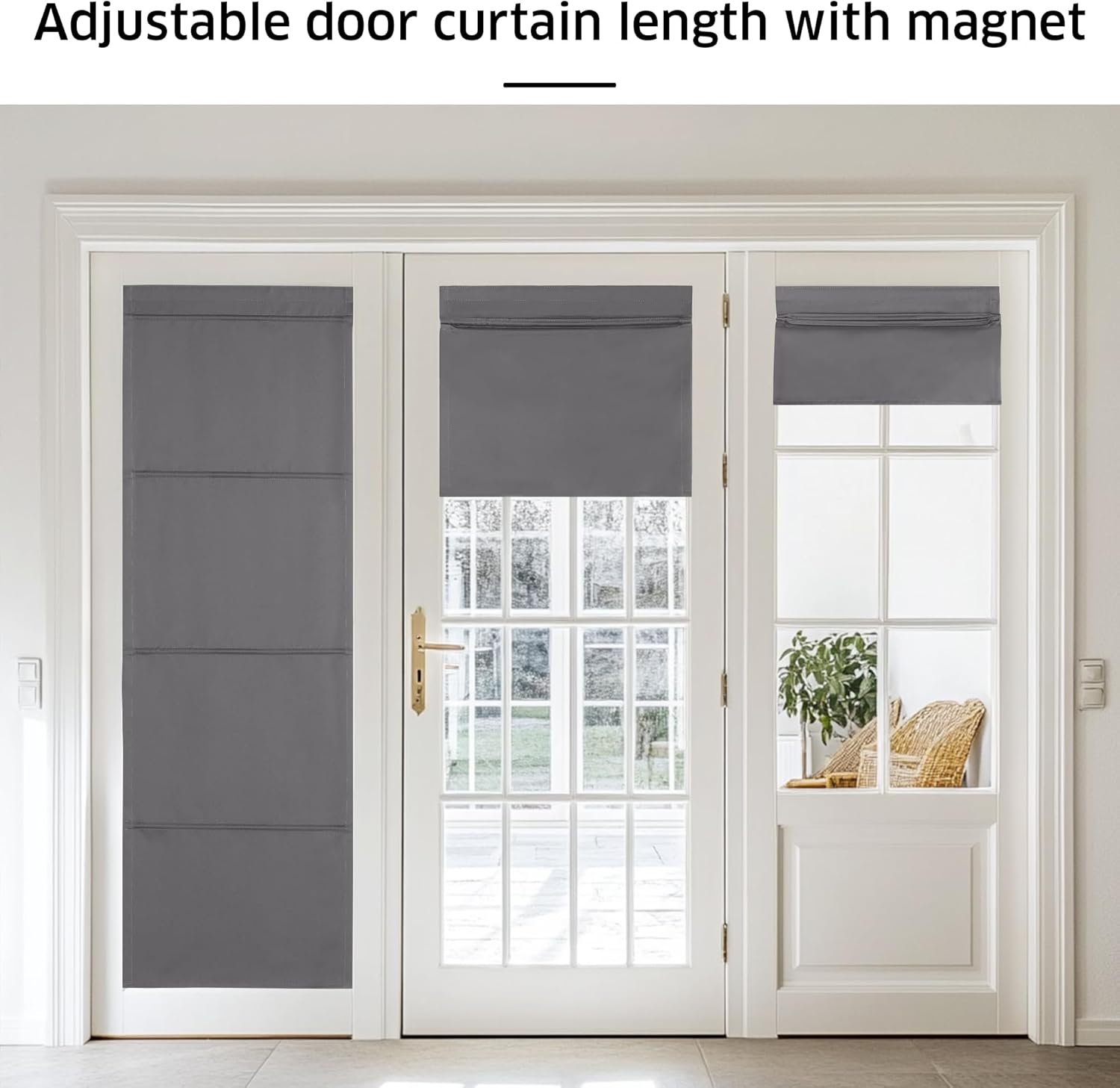 Dark grey adjustable magnetic door blinds installed on white French doors. One panel full length, two rolled.