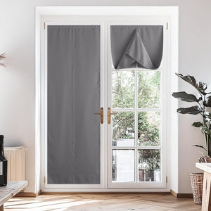 Grey adjustable privacy door curtains on a white French door, one panel fully down, the other rolled up for light.