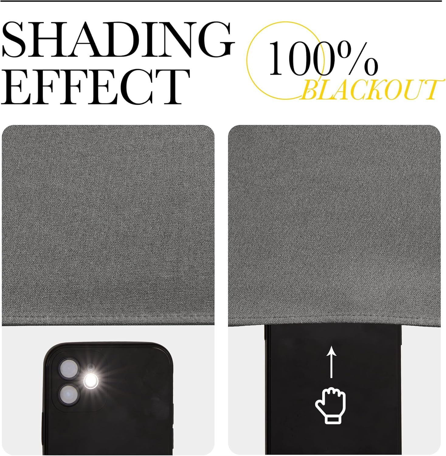 Grey woven blackout fabric tested with a phone flashlight, showing complete light blockage.