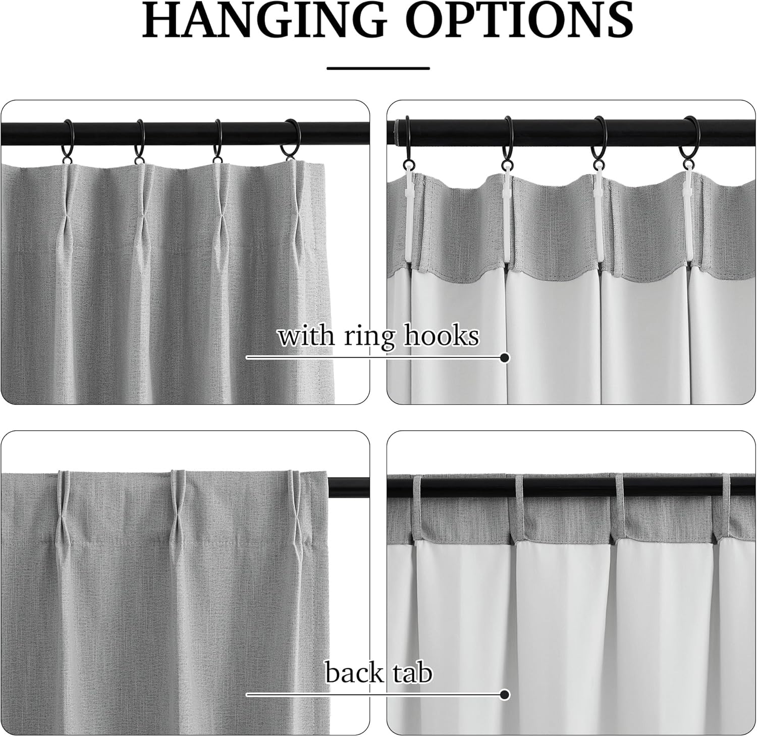 Close-up of grey textured blackout curtains showcasing ring hook and back tab hanging styles on a rod.