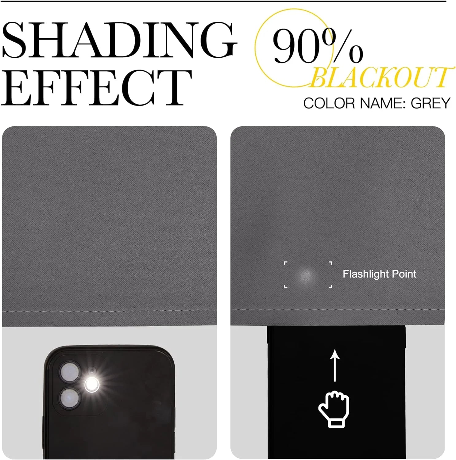 Grey blackout roller shade fabric sample showing 90% light blocking with flashlight test