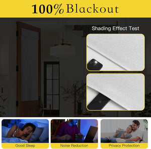 Grey fabric blackout panel on door, flashlight test shows 100% light blockage.