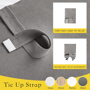 Grey fabric tie-up strap with hook-and-loop closure. Illustrated for simple wrap or bowknot style.