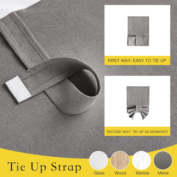 Grey fabric tie-up strap with hook-and-loop closure. Illustrated for simple wrap or bowknot style.