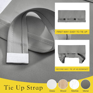 Grey fabric tie-up window shade. Adjustable strap displays simple roll-up and decorative bowknot styling.