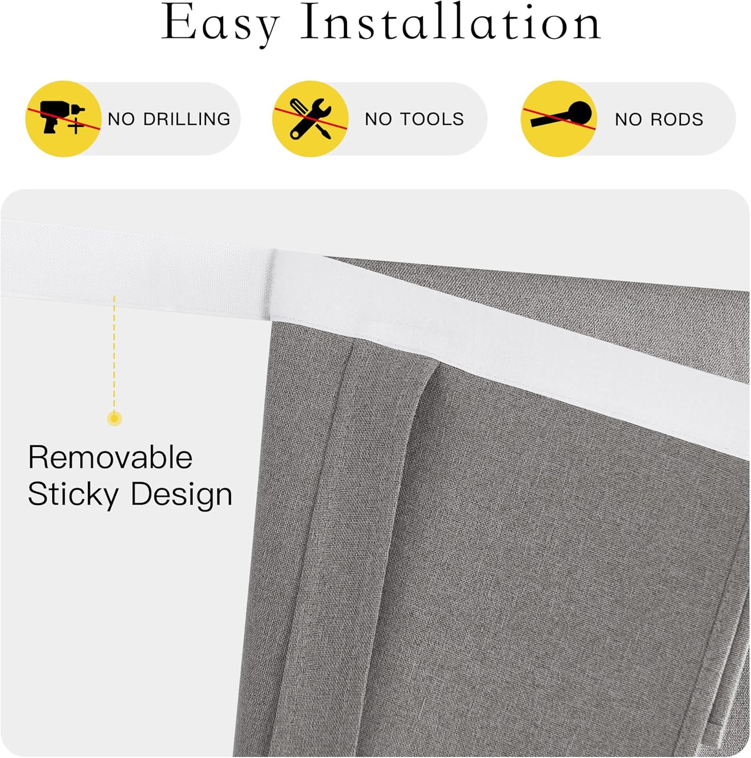 Close-up of grey textured fabric curtain with white removable sticky top for easy, drill-free installation.