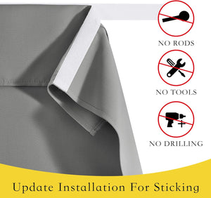 Grey fabric curtain with hook-and-loop fastener for easy, drill-free installation.