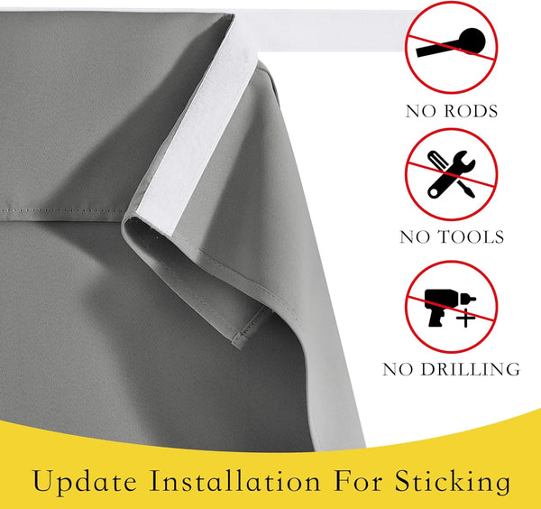 Grey fabric curtain with hook-and-loop fastener for easy, drill-free installation.