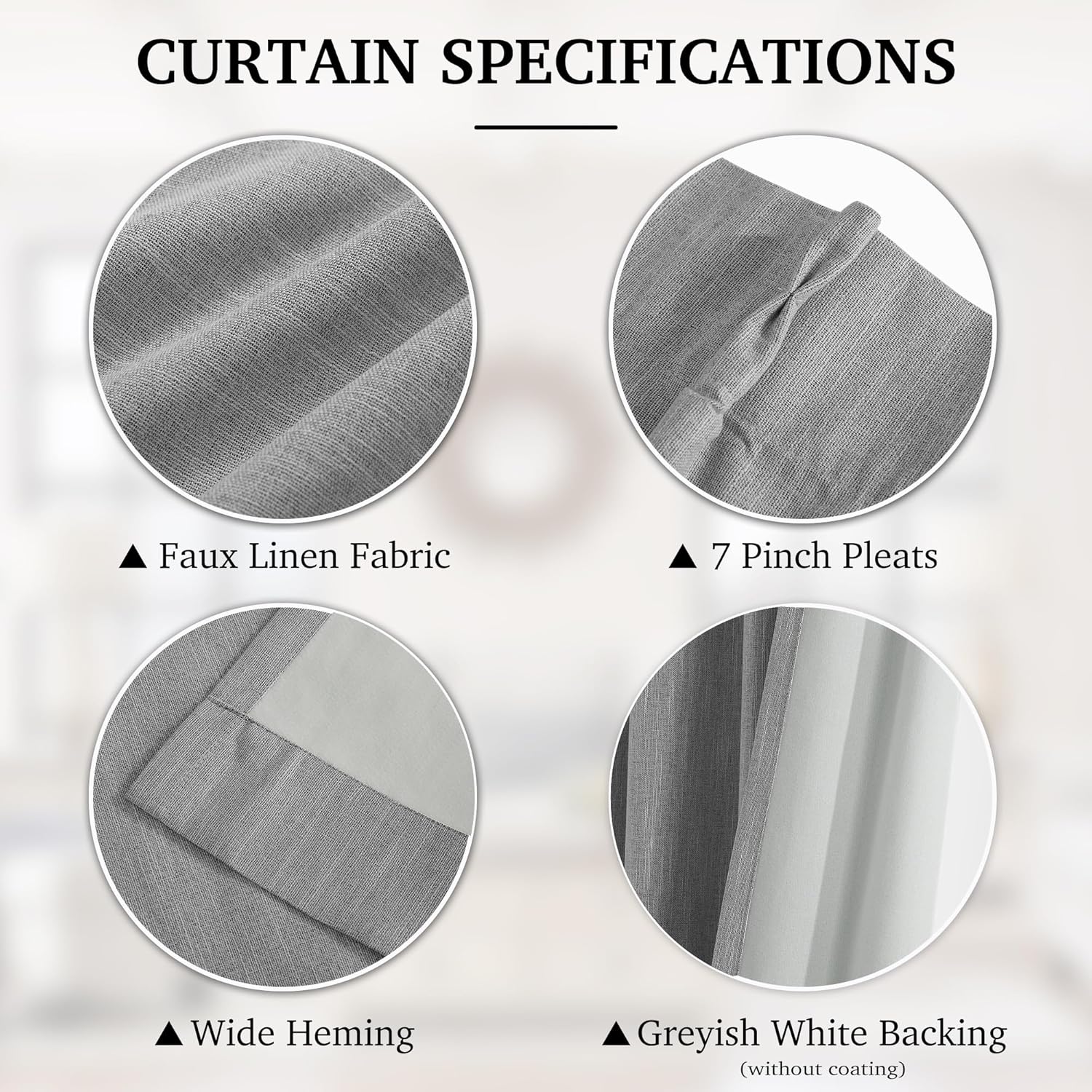 Close-up of grey faux linen curtain fabric showing 7 pinch pleats, wide heming, and a greyish-white backing.