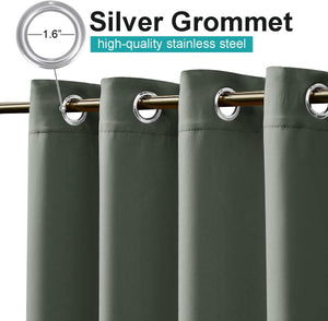 Grey-green blackout curtains with 1.6-inch silver stainless steel grommets on a gold rod.