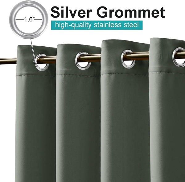 Grey-green blackout curtains with 1.6-inch silver stainless steel grommets on a gold rod.