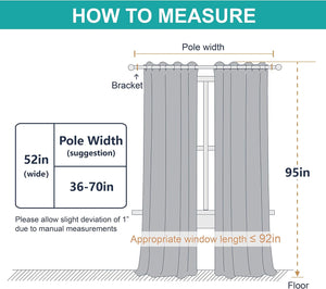 Guide for measuring grey grommet top curtains, illustrating curtain width, length, and pole dimensions.