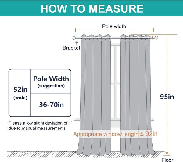 Guide for measuring grey grommet top curtains, illustrating curtain width, length, and pole dimensions.