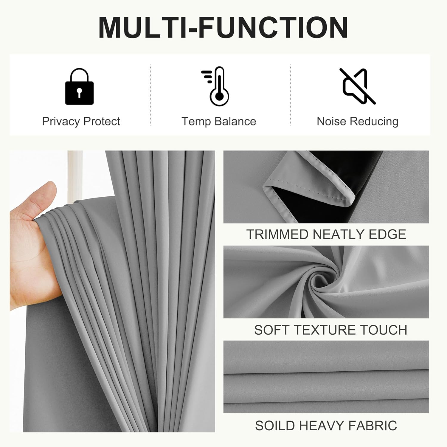 Grey heavy blackout curtain fabric with soft texture, shown with neatly trimmed edge details.