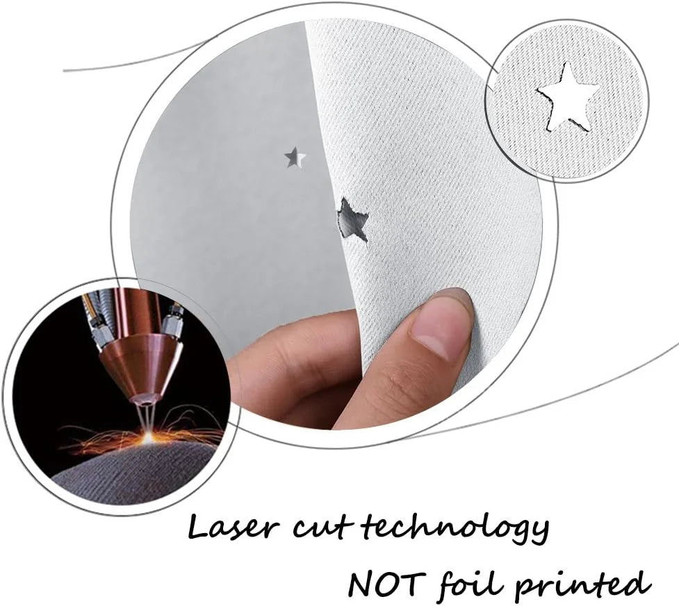 Hand holding grey fabric with laser-cut star detail and close-up texture inset