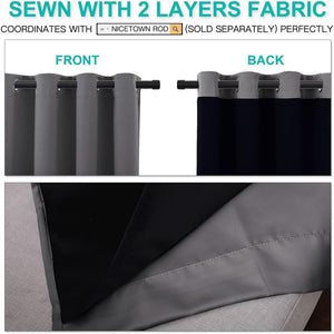 Grommet top curtain, grey front and dark back lining, showcasing two-layer blackout fabric.